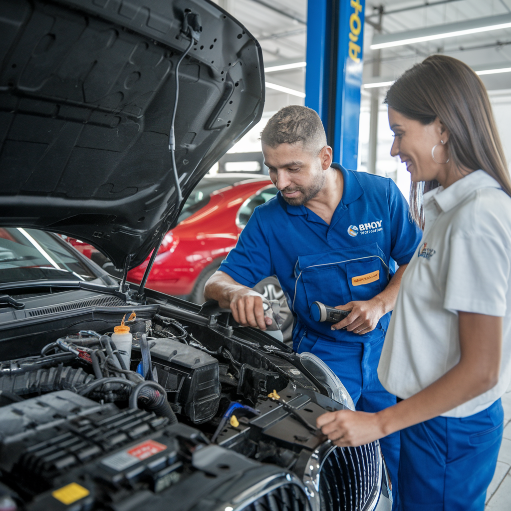 Una mujer está siendo asistida por un técnico de Quick Battery en Bogotá, quien cambia la batería de su carro. Ambos personajes están interactuando de manera colaborativa, destacando la importancia de la ayuda especializada.