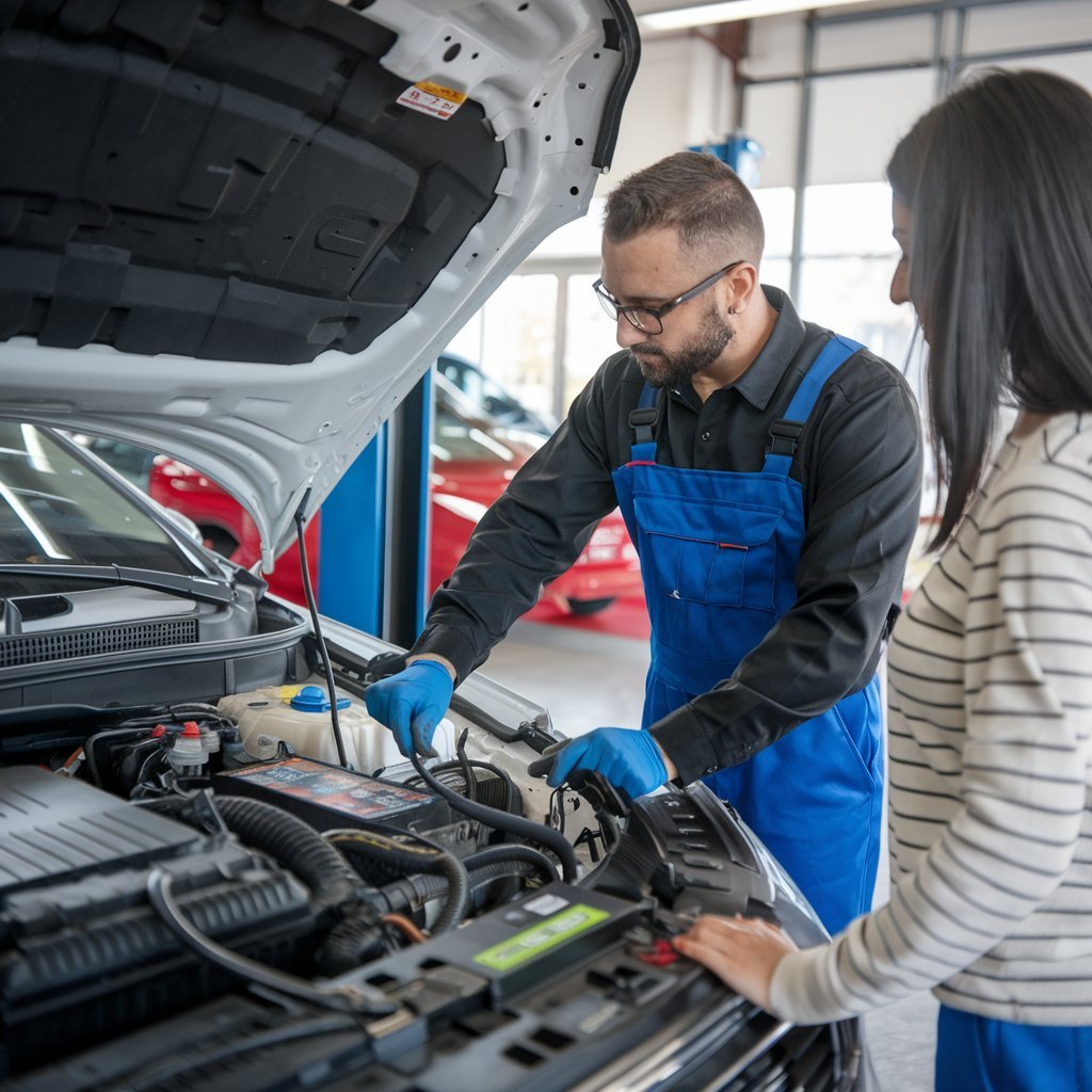 Baterías para Carro a Domicilio, Una mujer está siendo asistida por un técnico de Quick Battery en Bogotá, quien cambia la batería de su carro. Ambos personajes están interactuando de manera colaborativa, destacando la importancia de la ayuda especializada.