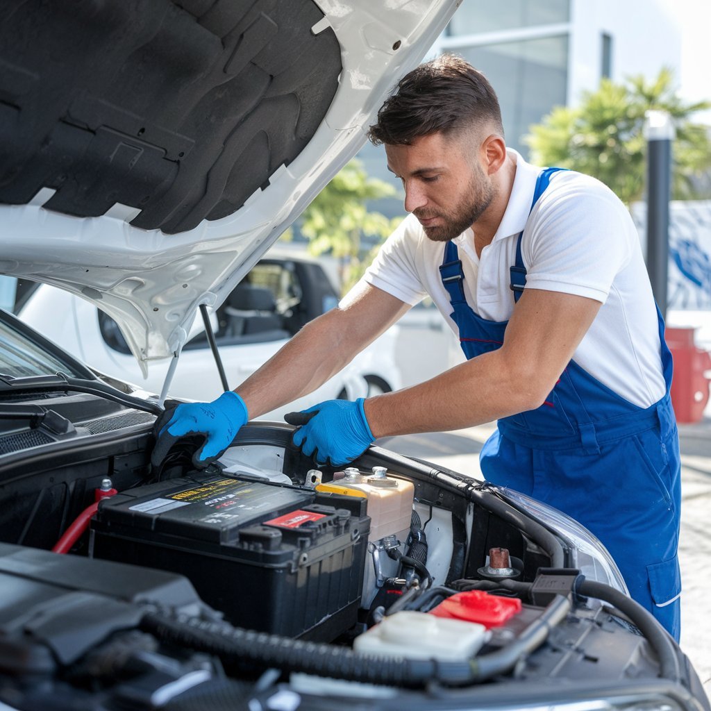 Un técnico de Quick Battery en Bogotá, revisando la batería de un carro.